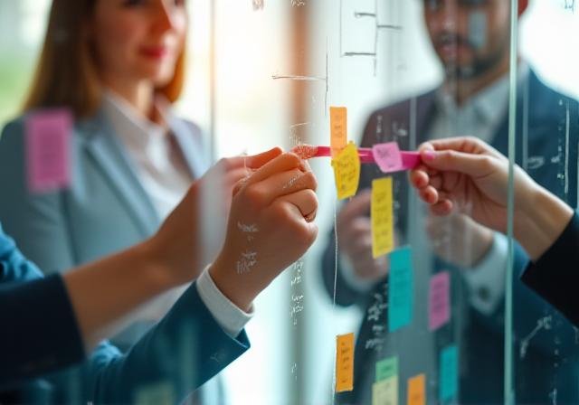 Corporate executives in a brainstorming session using sticky notes