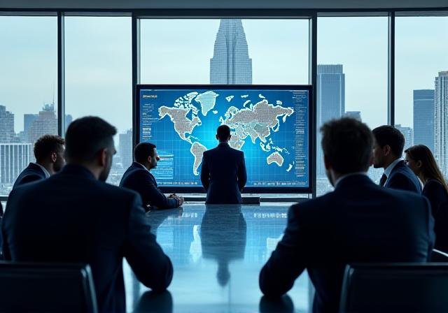 Executive team discussing global strategy in a modern boardroom